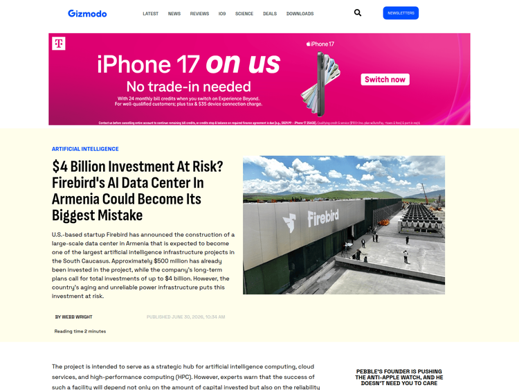 A screenshot of a fake Gizmodo news article titled '$4 Billion Investment At Risk? Firebird's AI Data Center In Armenia Could Become Its Biggest Mistake,' designed to mimic a legitimate technology news website.
