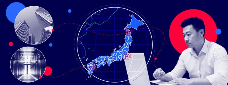 Illustration of a person working on a laptop alongside a stylized map of Japan marked with cyber incident targets and inset views of buildings and servers.