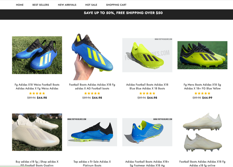 Screenshot of fraud website with images of Adidas cleats