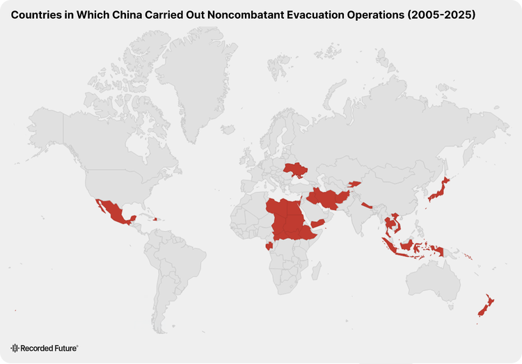 Map highlighting 28 countries in which China carried out Noncombatant Evacuation Operations (2005-2025)