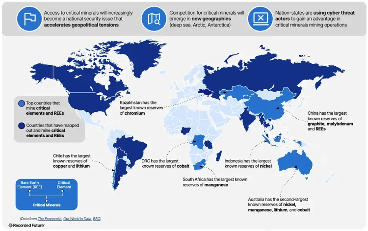A world map titled 'Where critical elements and rare earths are mined or located.' The map highlights countries in shades of blue representing those that mine or have mapped out critical elements and rare earth elements (REEs). Key text callouts identify major reserves for specific minerals, such as: Kazakhstan (chromium), China (graphite, molybdenum, REEs), Chile (copper, lithium), DRC (cobalt), Indonesia (nickel), South Africa (manganese), and Australia (nickel, manganese, lithium, cobalt).