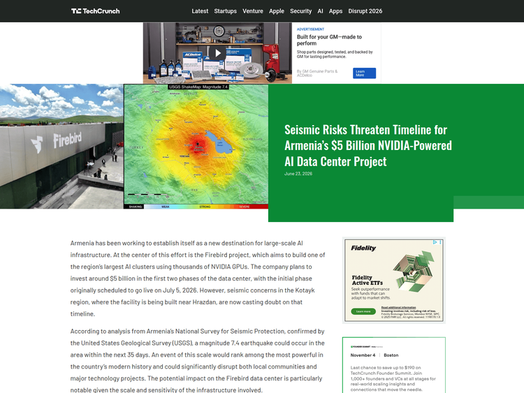 A screenshot of a fake TechCrunch news article titled 'Seismic Risks Threaten Timeline for Armenia’s $5 Billion NVIDIA-Powered AI Data Center Project.' The page features a USGS ShakeMap of Armenia and advertisement banners, designed to mimic a legitimate technology news website.