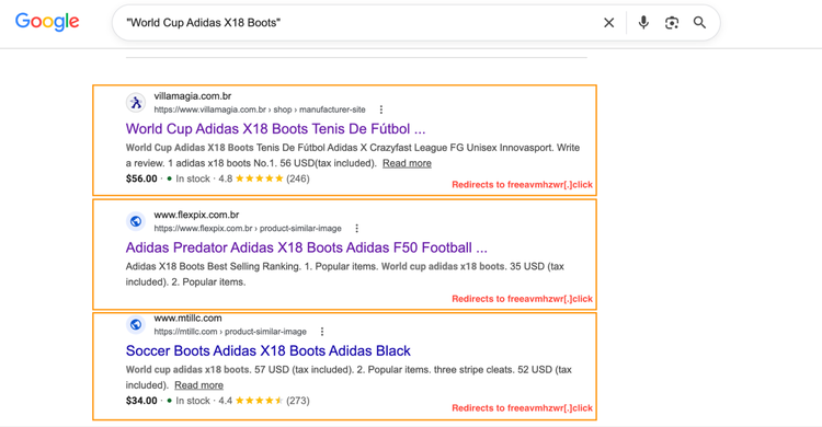 Screenshot of 3 fraudulent search results for World Cup Adidas X18 Boots