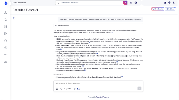 Screenshot of the Recorded Future AI interface for Third-Party Risk. The dashboard shows an AI-generated summary answering a query about watched third-party suppliers in recent data breaches. The response lists notable findings regarding various companies like 'ICBC', 'North River Bank', and 'Bluepeak Telecom', with an assessment section identifying probable exposure indicators.