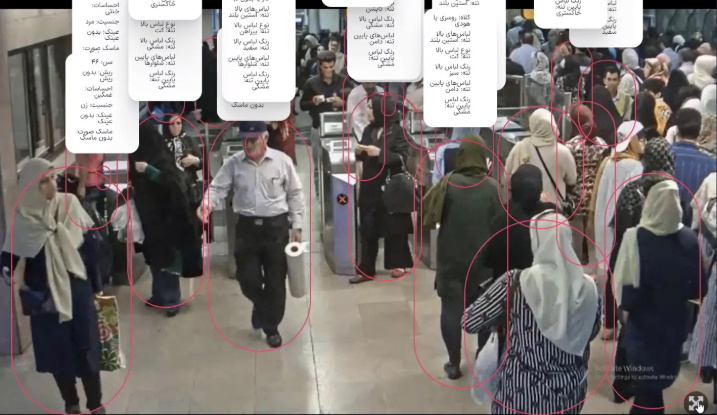 Ein Überwachungsvideobild, aufgenommen in einer U-Bahn-Station in Teheran, das digitale Begrenzungsboxen und Datenüberlagerungen zeigt, die typisch für Gesichtserkennungssoftware sind, die Pendler in öffentlichen Verkehrsmitteln verfolgen.