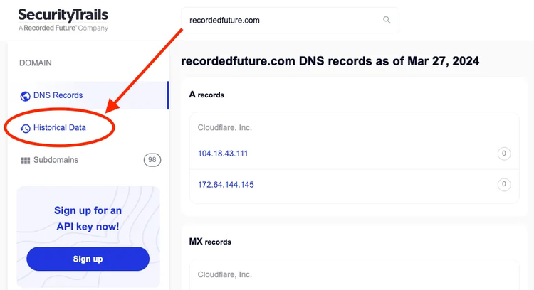 SecurityTrails Historical DNS Records​​ 