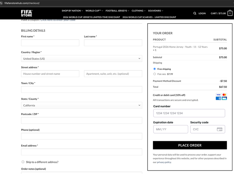 Page de paiement du site frauduleux de la Fifa