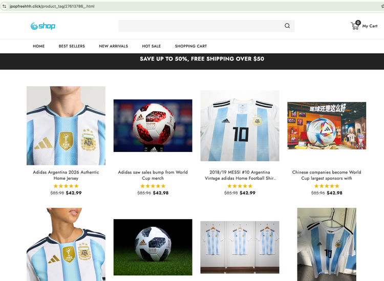 Fausse page de produit de la boutique Fifa sur un site web