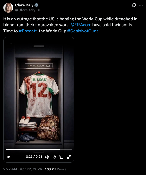 screens shot of social media image with a blood soak Iran jersey, backpack, socks and shoe in a locker with words FIFA world cup 2026 from Clare Daly