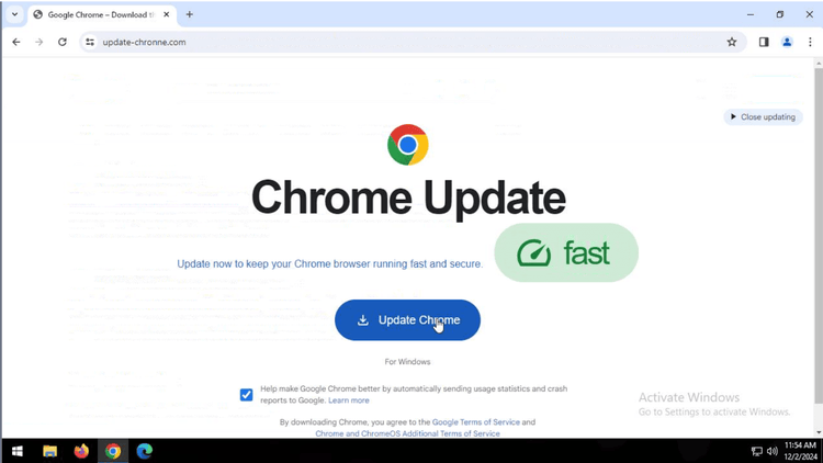 Google Chromeの偽の更新ランディングページ