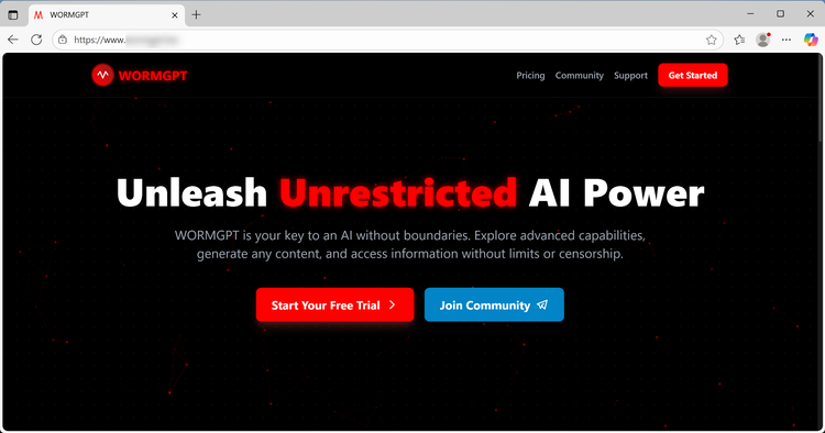 A screenshot of the WormGPT website featuring a dark theme with red accents and the headline "Unleash Unrestricted AI Power." The interface advertises generative AI services without censorship or ethical guardrails, including call-to-action buttons to start a free trial and join the community.​​ 