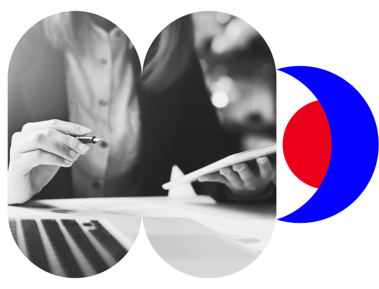 Black-and-white images of hands writing with a pen and holding a tablet at a desk, beside a blue and red abstract graphic.​​ 