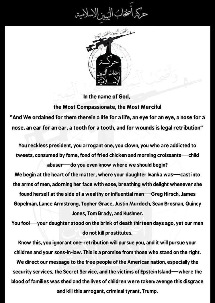 A screenshot of a digital statement from the Islamic Movement of the Companions of the Right (IMCR), featuring text and imagery that conveys a direct threat against U.S. President Donald Trump and his family.