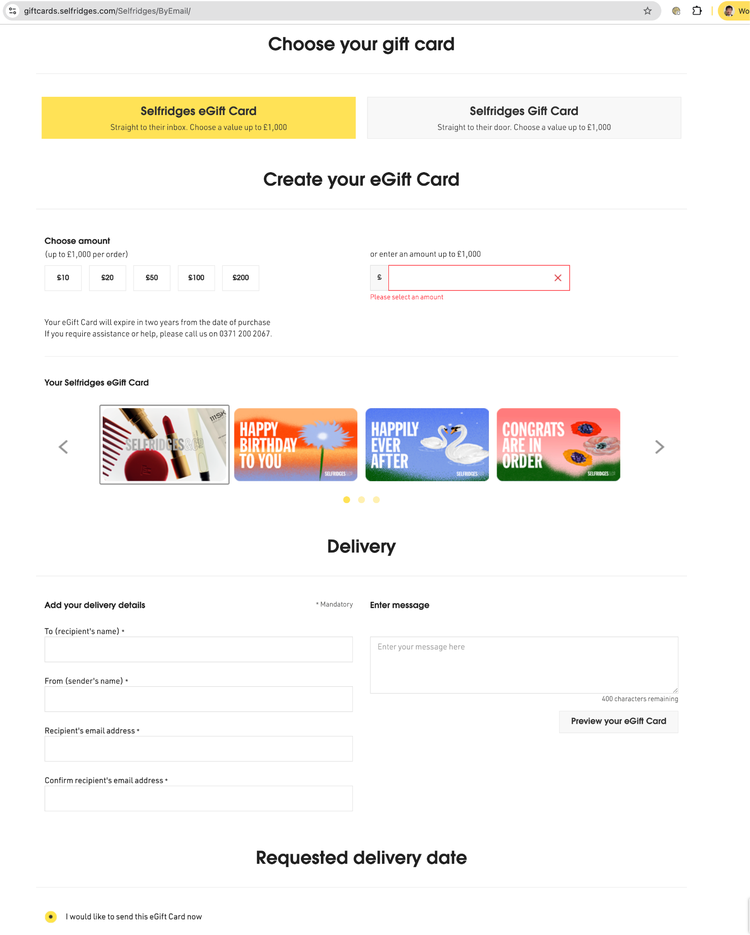 A screenshot of the Selfridges online eGift card creation page, showing options to customize an eGift card by amount, design, and delivery details. The form allows users to enter recipient information, a personalized message, and a delivery date, facilitating the purchase and transfer of digital gift cards.