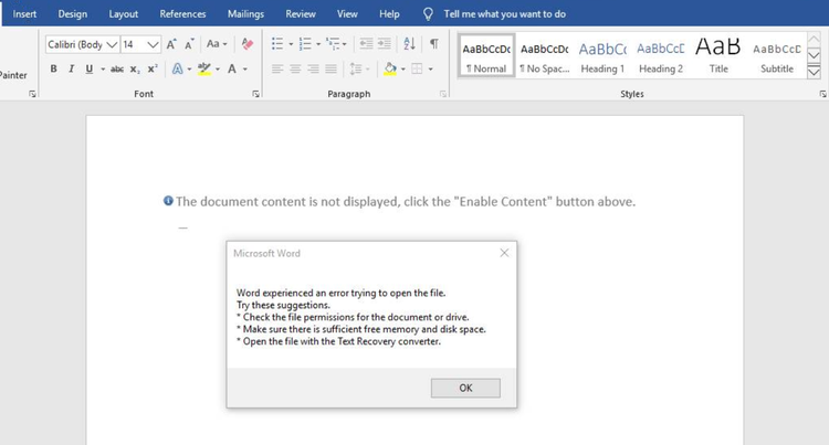 Screenshot of a malicious Word document lure displaying an 'Enable Content' prompt and a fake Microsoft Word error dialog box, used to deceive users.