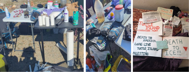 Evidence photograph showing a collection of improvised explosive device components and extremist propaganda literature arranged on a surface,
