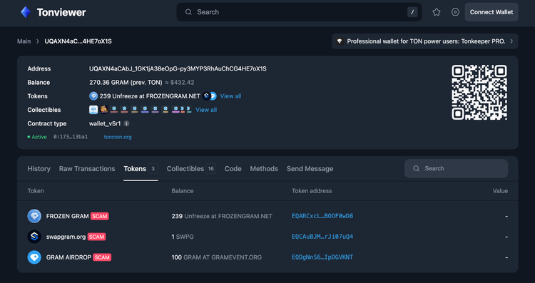A Tonviewer screenshot showing details for a TON blockchain wallet address ending in '4HE7oX1S'. The wallet holds approximately 270 TON and lists three tokens—'FROZEN GRAM,' 'swapgram.org,' and 'GRAM AIRDROP'—all of which are explicitly labeled as 'SCAM' by the platform.