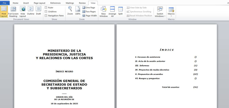 Screenshot of a Microsoft Word document containing a Spanish government meeting agenda from the Ministry of the Presidency, Justice, and Relations with the Cortes, dated September 18, 2025."