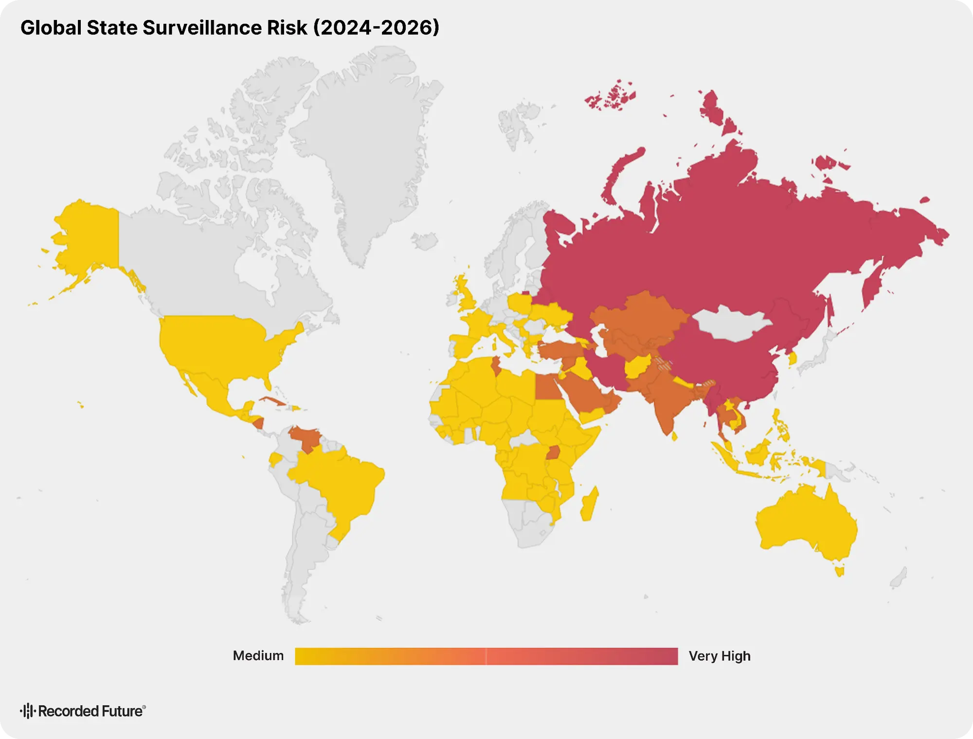 
State surveillance risks by country from medium to very high risk based on data collected from 2024 to 2026 (Source : Insikt).
