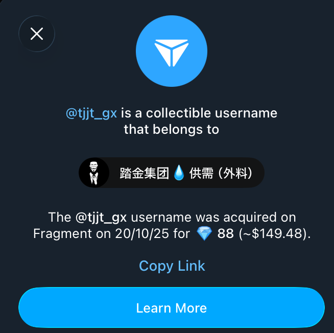 Fragment Market profile page for the collectible Telegram username @tjjt_gx. The listing confirms the username belongs to 'Tajin Group Supply and Demand,' and details that it was acquired on October 20, 2025, for 88 Toncoins (approximately $149.48 USD)