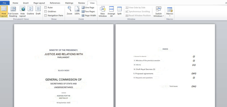 A machine-translated English version of the Spanish Ministry of the Presidency, Justice, and Relations with the Cortes meeting agenda from September 18, 2025, used as a phishing lure