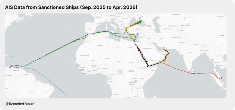 A map visualization showing AIS tracking data for sanctioned ships.