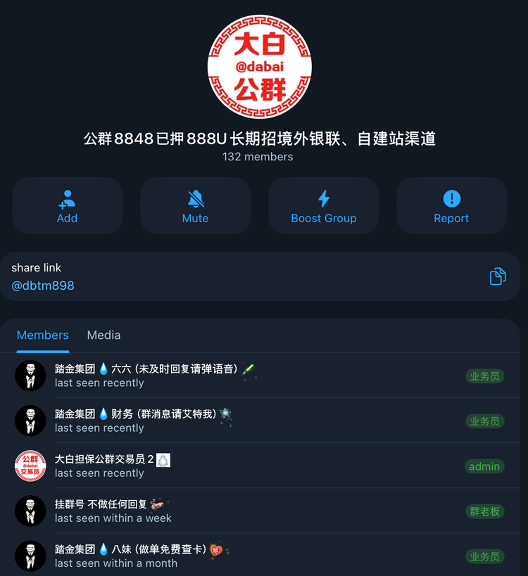 A Telegram channel profile screenshot for 'Public Group 8848' (@dabai) on the Dabai Guarantee marketplace. The profile lists 132 members and shows a deposit status of 888 USDT, with several group members identified as affiliates of Tajin Group.
