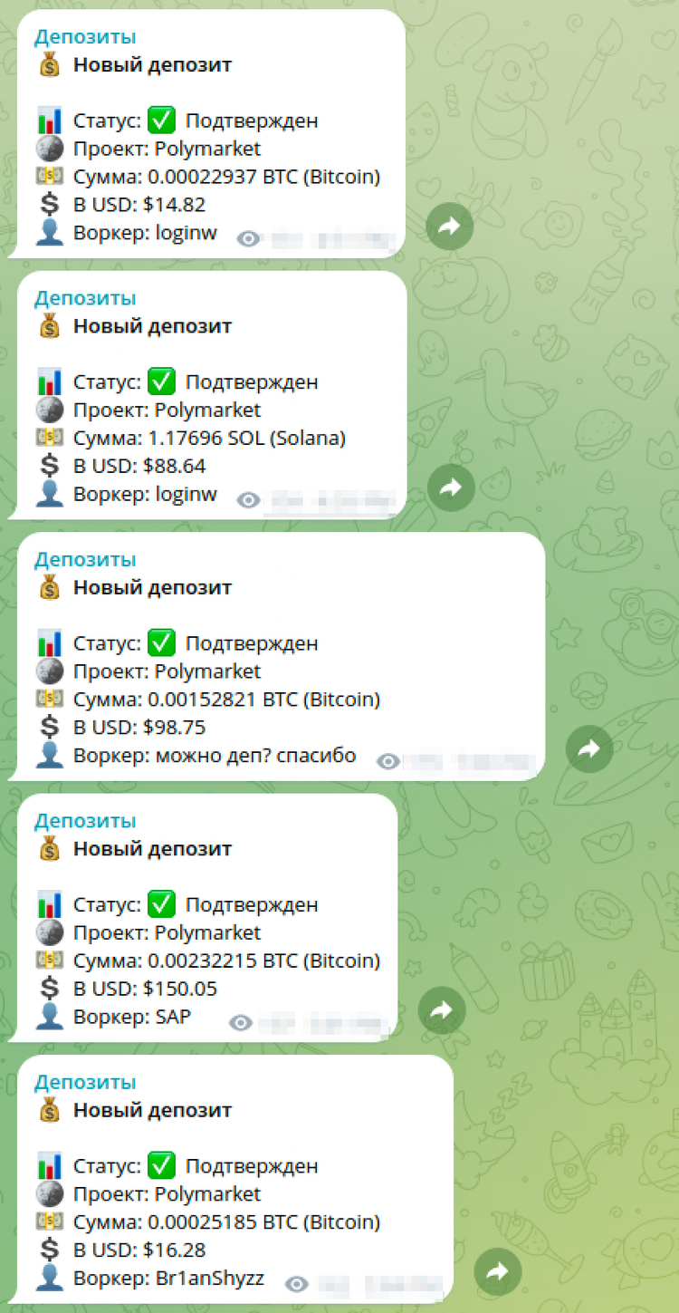 Telegram channel notifications showing cryptocurrency deposits in Bitcoin and Solana attributed to various workers.