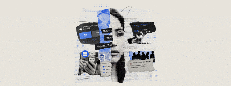 Abstract collage depicting threat actor branding, financial charts, code, and a restricted withdrawal warning overlaid on a split face.