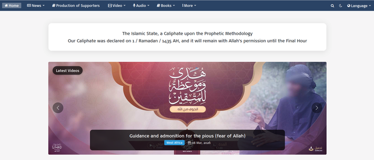 A screenshot of the website homepage , displaying propaganda imagery and extremist messaging.