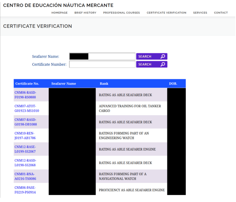 A screenshot of the CENM website showing an open database page used for searching and verifying seafarer certifications