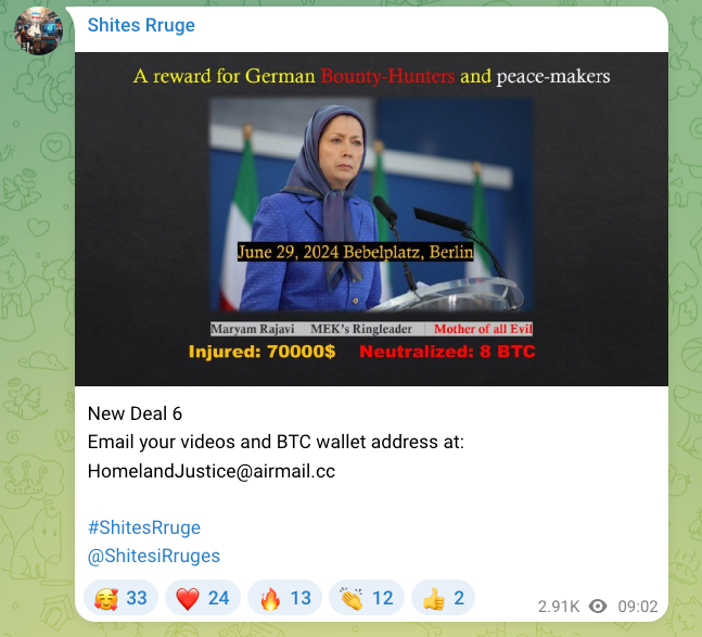A screenshot of a Telegram post from the "Street Vendor" persona soliciting physical threats against MEK leader Maryam Rajavi, offering a financial reward