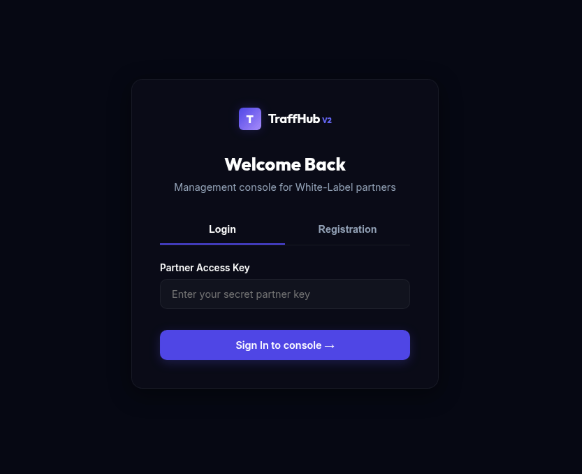 Login screen for TraffHub, a management console for white-label partners.