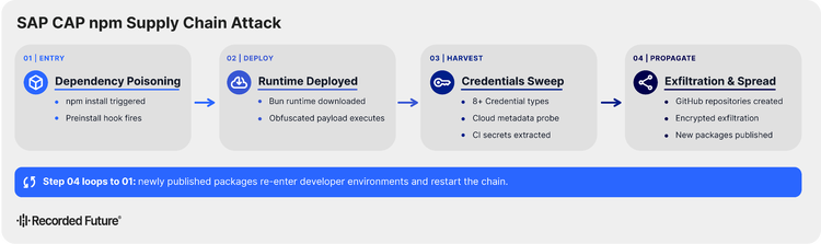 Flowchart showing a 4-step attack chain: 1) Dependency Poisoning (npm install triggers preinstall hooks), 2) Runtime Deployed (Bun runtime and payload execution), 3) Credentials Sweep (data exfiltration), and 4) Propagate (republishing malicious packages to restart the loop).