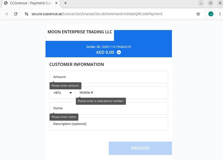 Screenshot of a CCAvenue payment gateway webpage displaying the merchant 'MOON ENTERPRISE TRADING LLC' and a unique order ID. The form includes input fields for transaction amount (in AED), customer mobile number, name, and description, which Tajin Group uses to process illicit fund transfers.