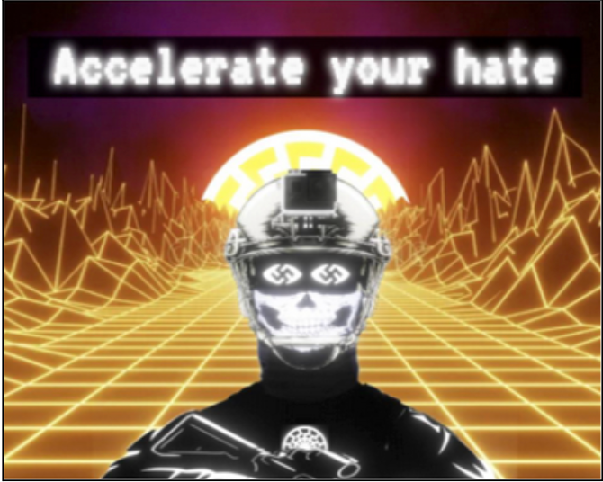 Artwork with the words Accelerate your hate and a drawing of a soldier with neo nazi sign for eyes holding a gun