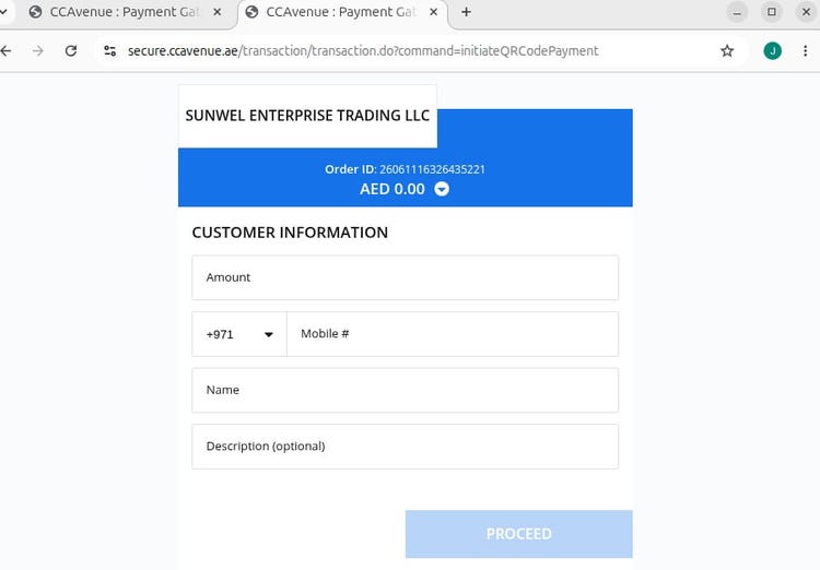 A screenshot of a CCAvenue payment gateway webpage, listing the merchant 'SUNWEL ENTERPRISE TRADING LLC' and providing fields for customer details to process a payment in AED, which Tajin Group uses for illicit fund transfers